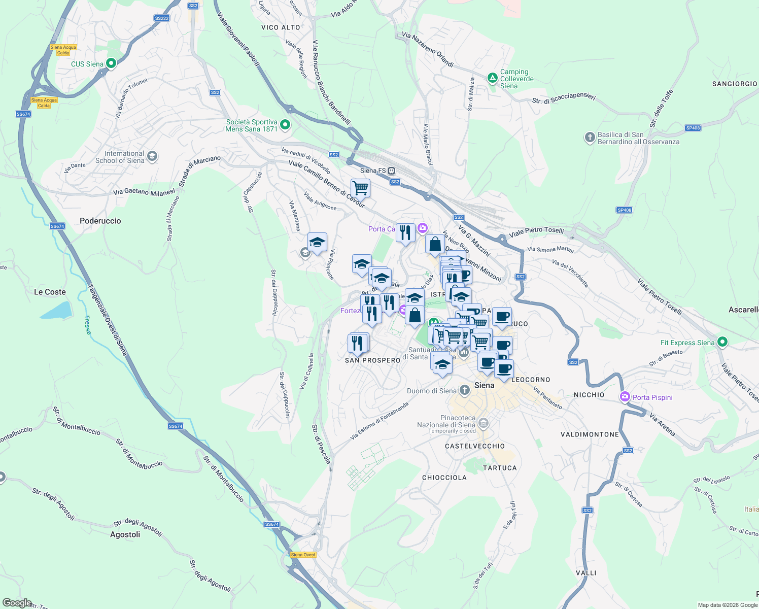map of restaurants, bars, coffee shops, grocery stores, and more near 1 Piazza della Libertà in Siena