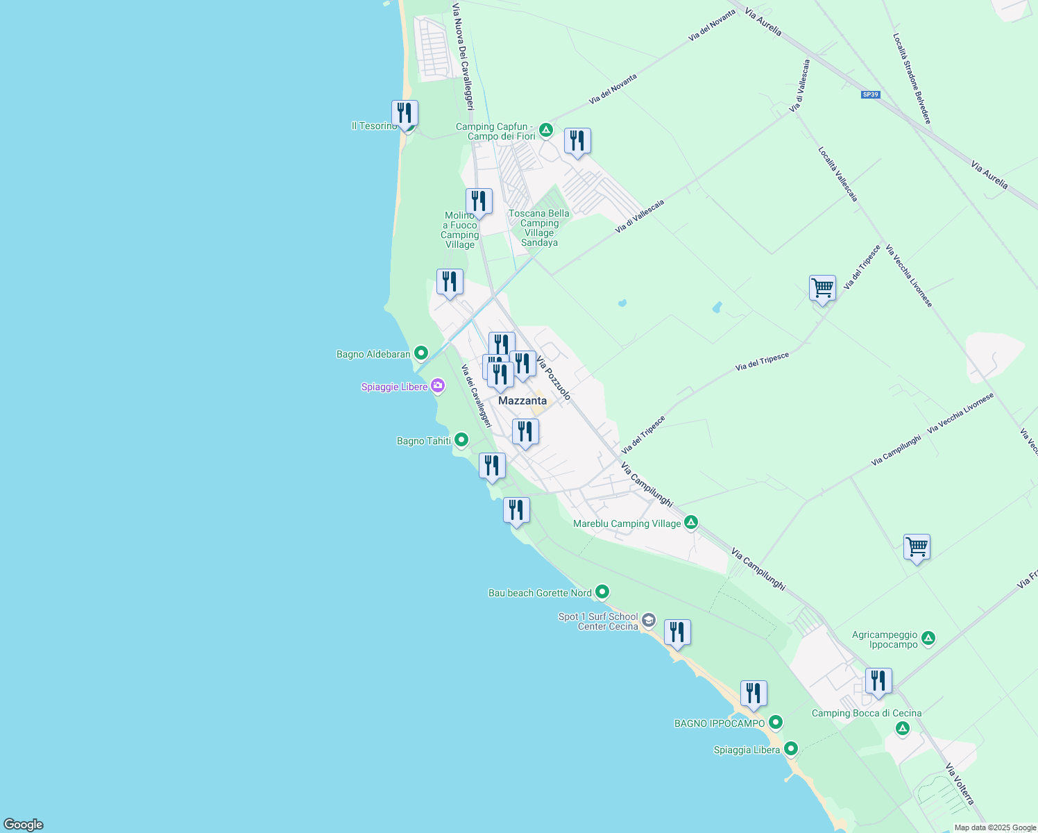 map of restaurants, bars, coffee shops, grocery stores, and more near 43 Via Sardegna in Mazzanta