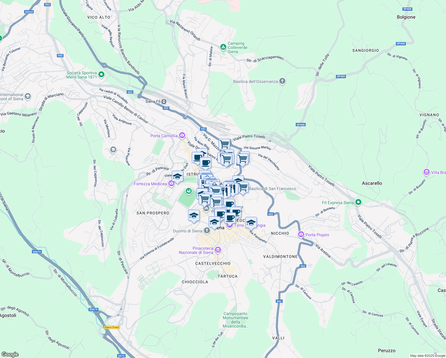map of restaurants, bars, coffee shops, grocery stores, and more near Via Pian D'Ovile in Siena