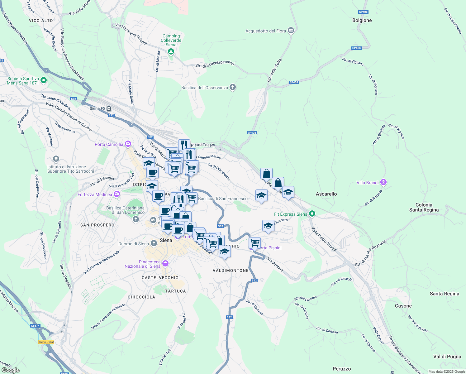 map of restaurants, bars, coffee shops, grocery stores, and more near 6A Via Giovanni di Paolo in Siena