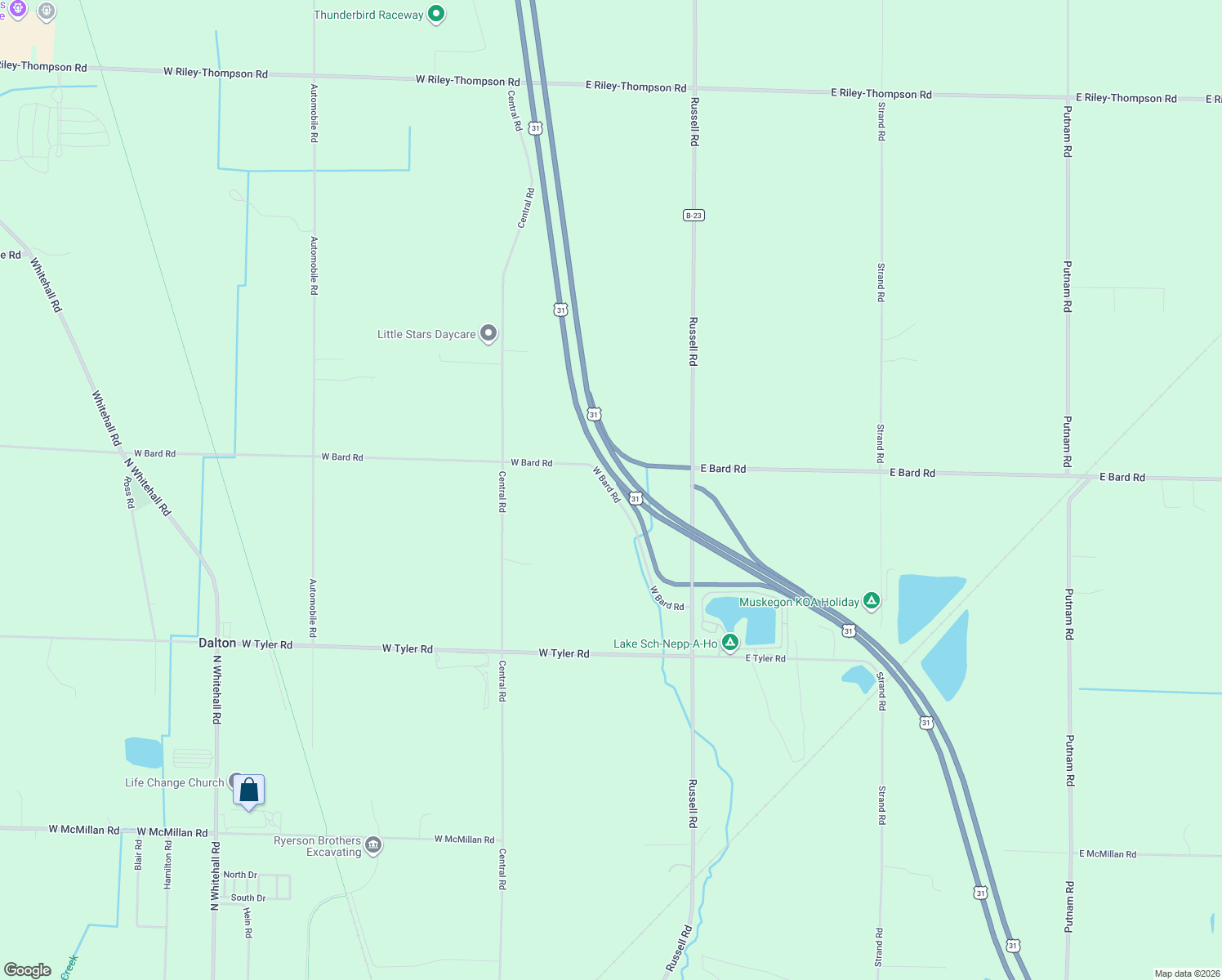 map of restaurants, bars, coffee shops, grocery stores, and more near 116 West Bard Road in Muskegon