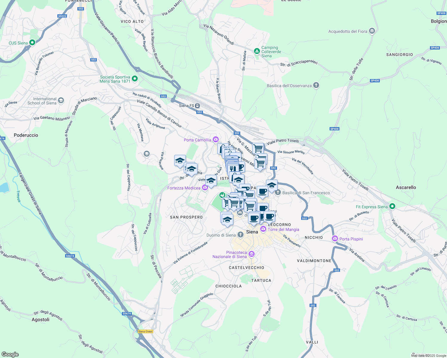 map of restaurants, bars, coffee shops, grocery stores, and more near 21 Viale Rinaldo Franci in Siena
