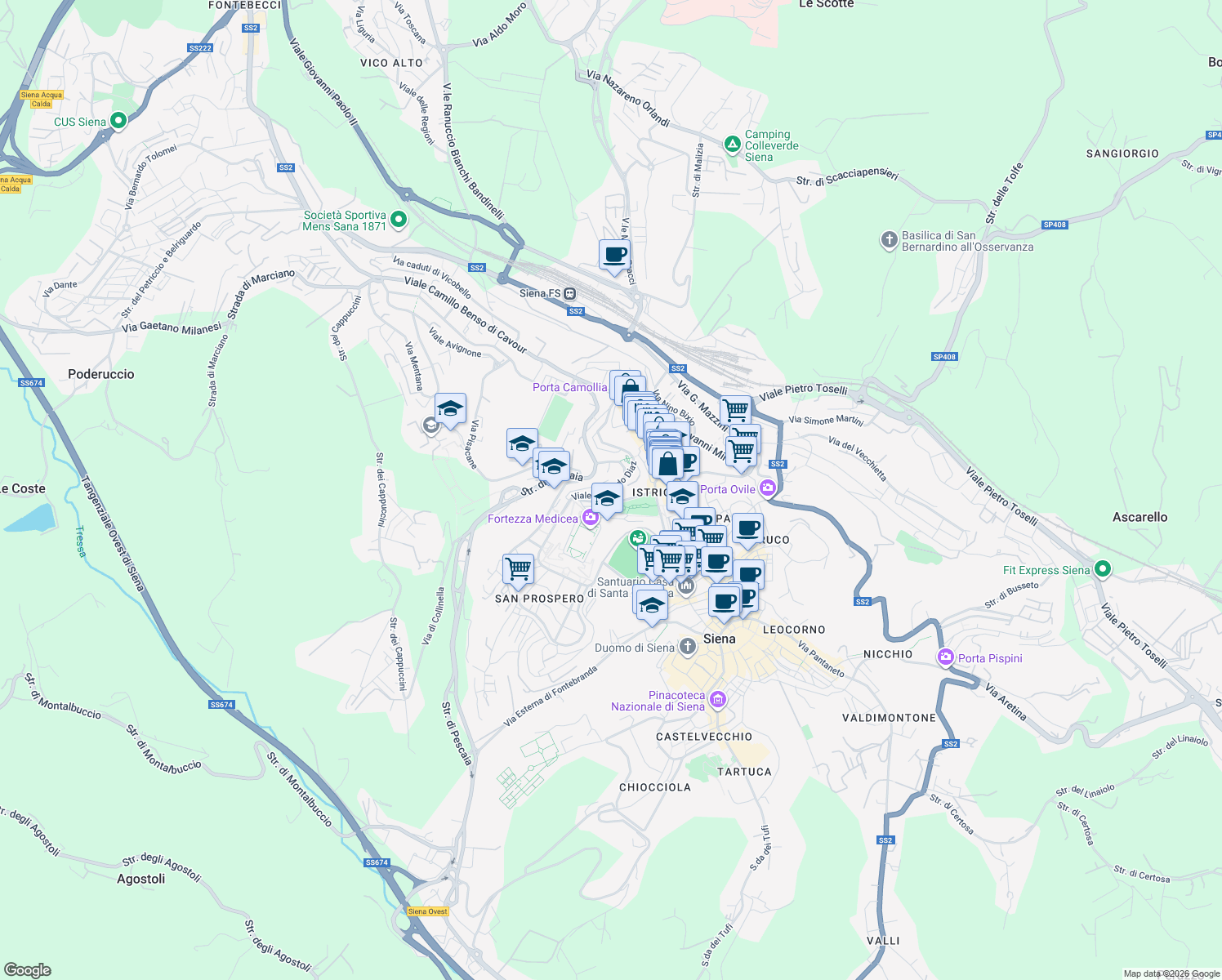 map of restaurants, bars, coffee shops, grocery stores, and more near 21 Viale Rinaldo Franci in Siena