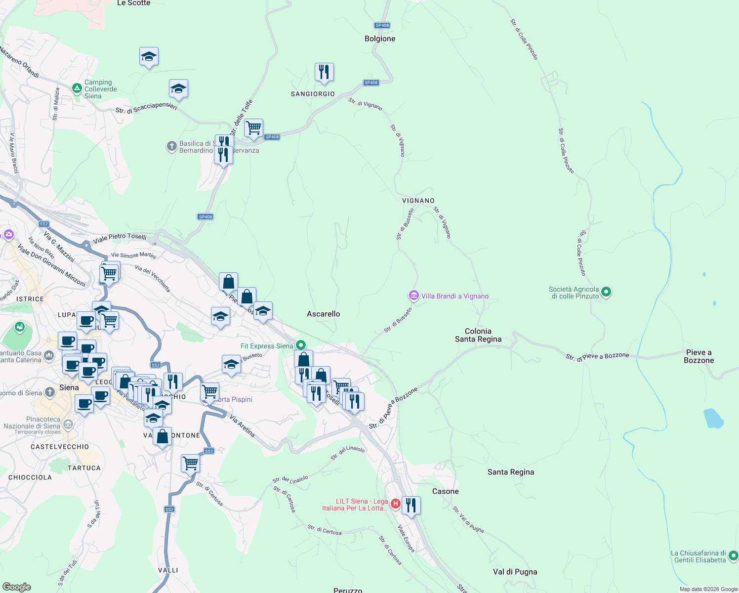 map of restaurants, bars, coffee shops, grocery stores, and more near 3 Strada di Belgioiello in siena