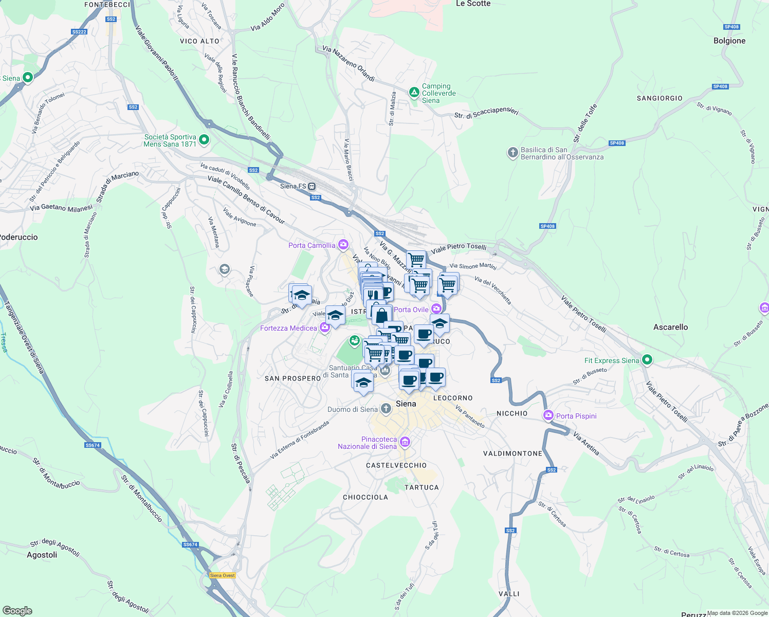 map of restaurants, bars, coffee shops, grocery stores, and more near 3 Piazza Sale in Siena