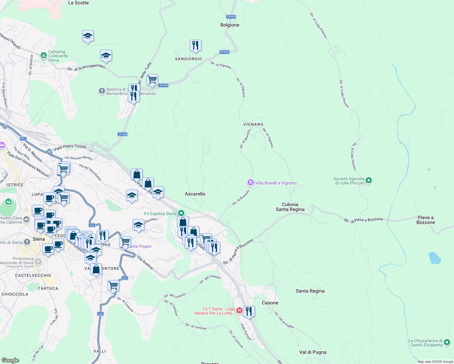 map of restaurants, bars, coffee shops, grocery stores, and more near 3 Strada di Belgioiello in siena