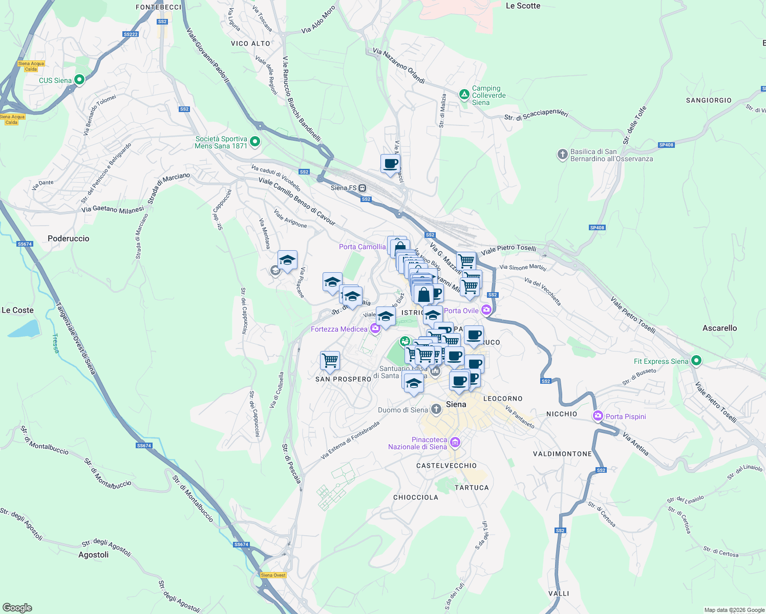 map of restaurants, bars, coffee shops, grocery stores, and more near 21 Viale Rinaldo Franci in Siena