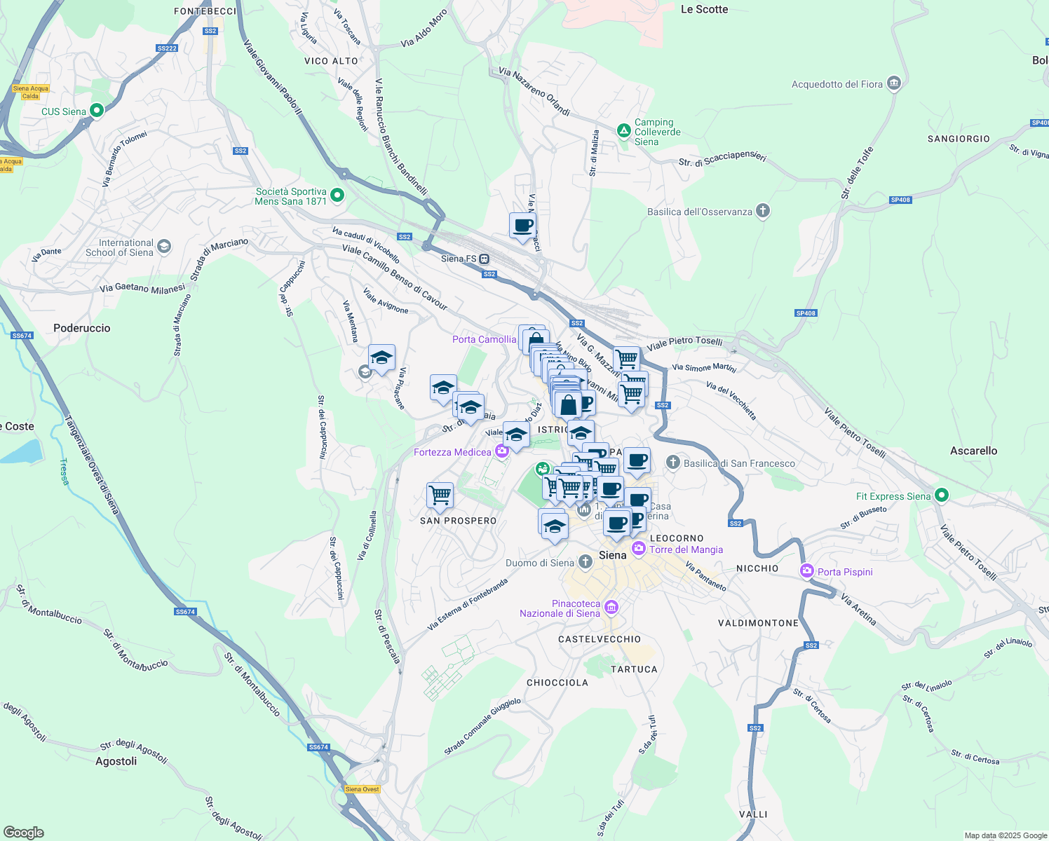 map of restaurants, bars, coffee shops, grocery stores, and more near 21 Viale Rinaldo Franci in Siena