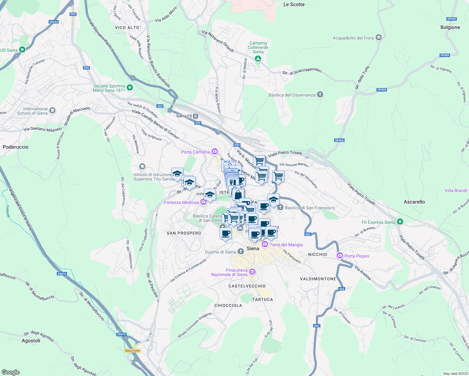 map of restaurants, bars, coffee shops, grocery stores, and more near 38 Via degli Umiliati in Siena