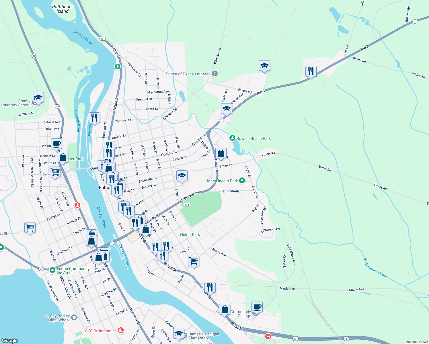 map of restaurants, bars, coffee shops, grocery stores, and more near 4 Tower Drive in Fulton