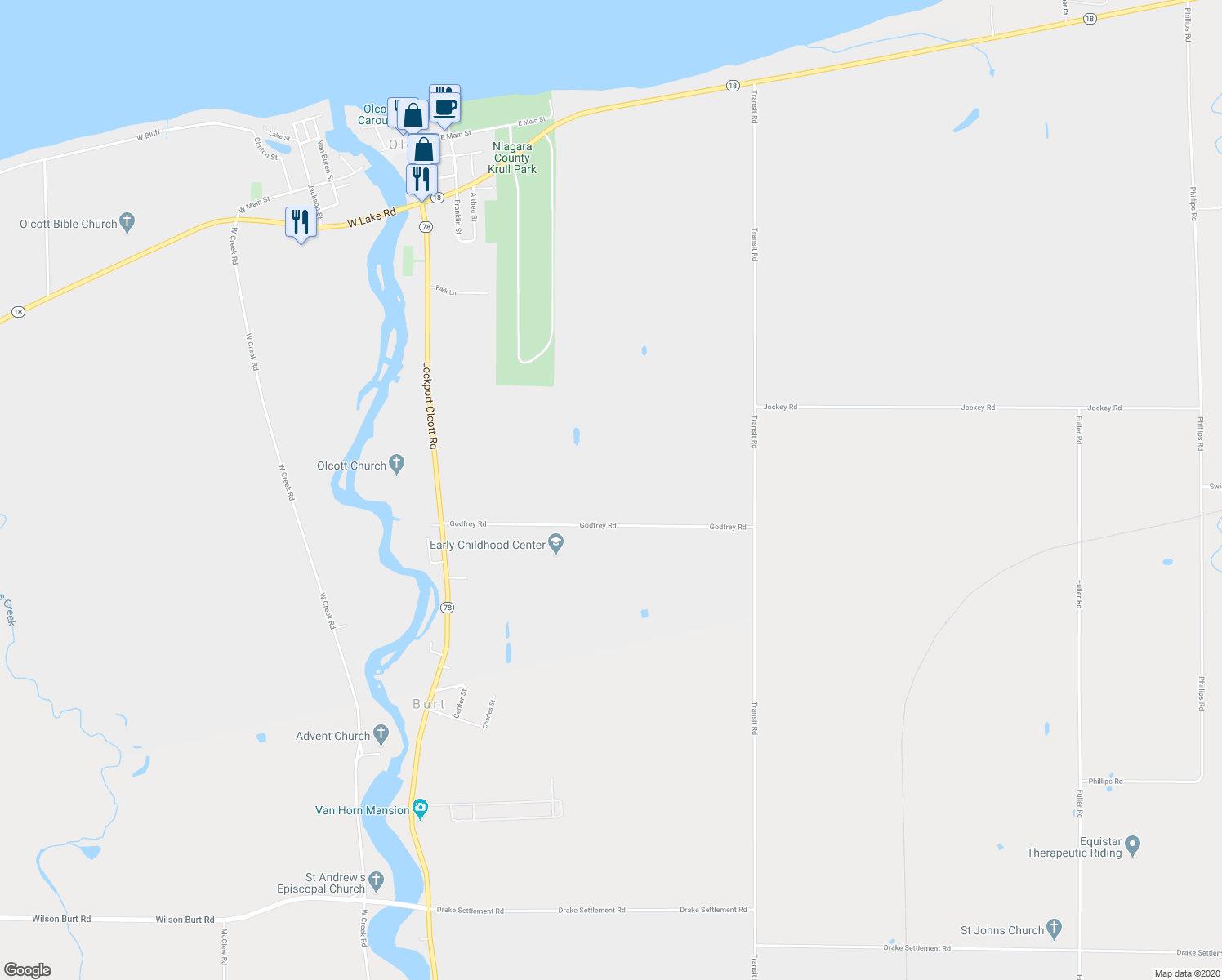 map of restaurants, bars, coffee shops, grocery stores, and more near 6125 Godfrey Road in Burt