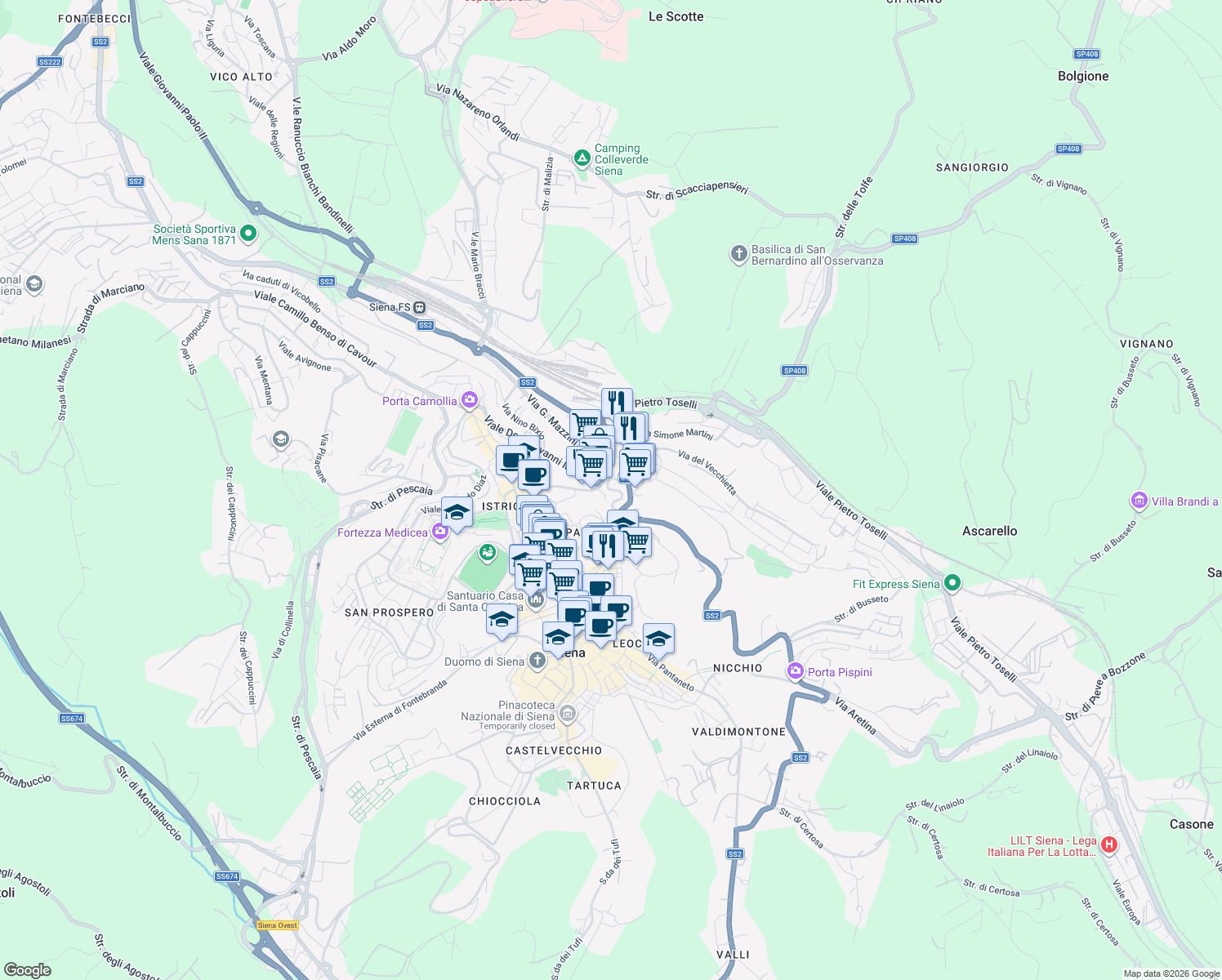 map of restaurants, bars, coffee shops, grocery stores, and more near 72 Via Giuseppe Garibaldi in Siena