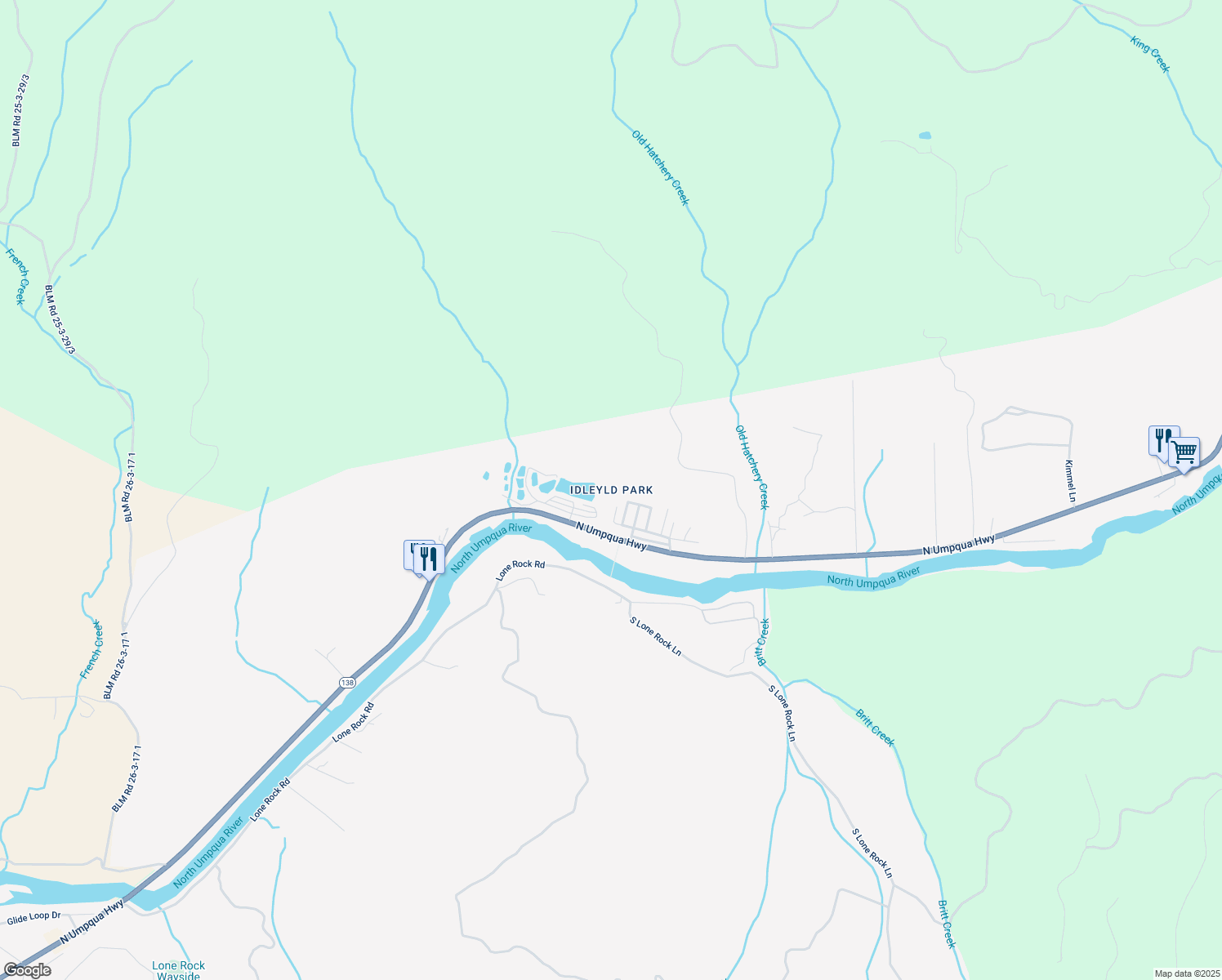 map of restaurants, bars, coffee shops, grocery stores, and more near in Glide