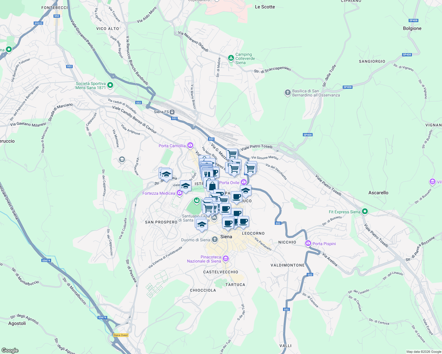 map of restaurants, bars, coffee shops, grocery stores, and more near 3 Piazza Sale in Siena
