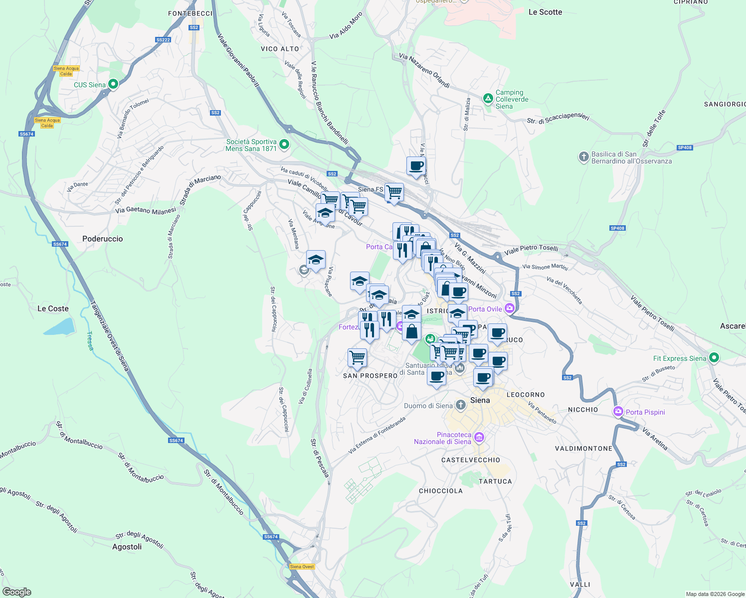 map of restaurants, bars, coffee shops, grocery stores, and more near 10 Via Cesare Battisti in Siena