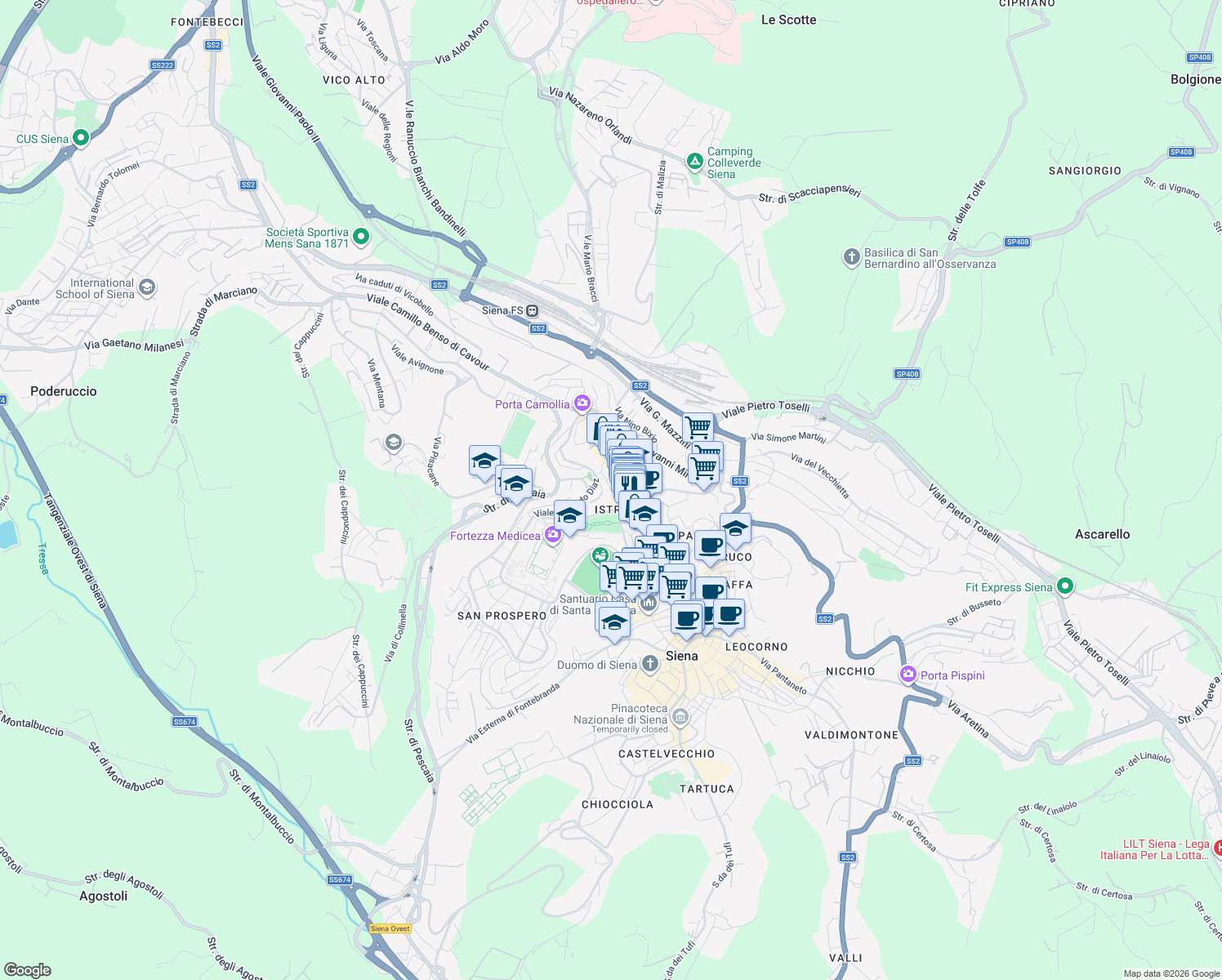 map of restaurants, bars, coffee shops, grocery stores, and more near 2 Viale Armando Diaz in Siena
