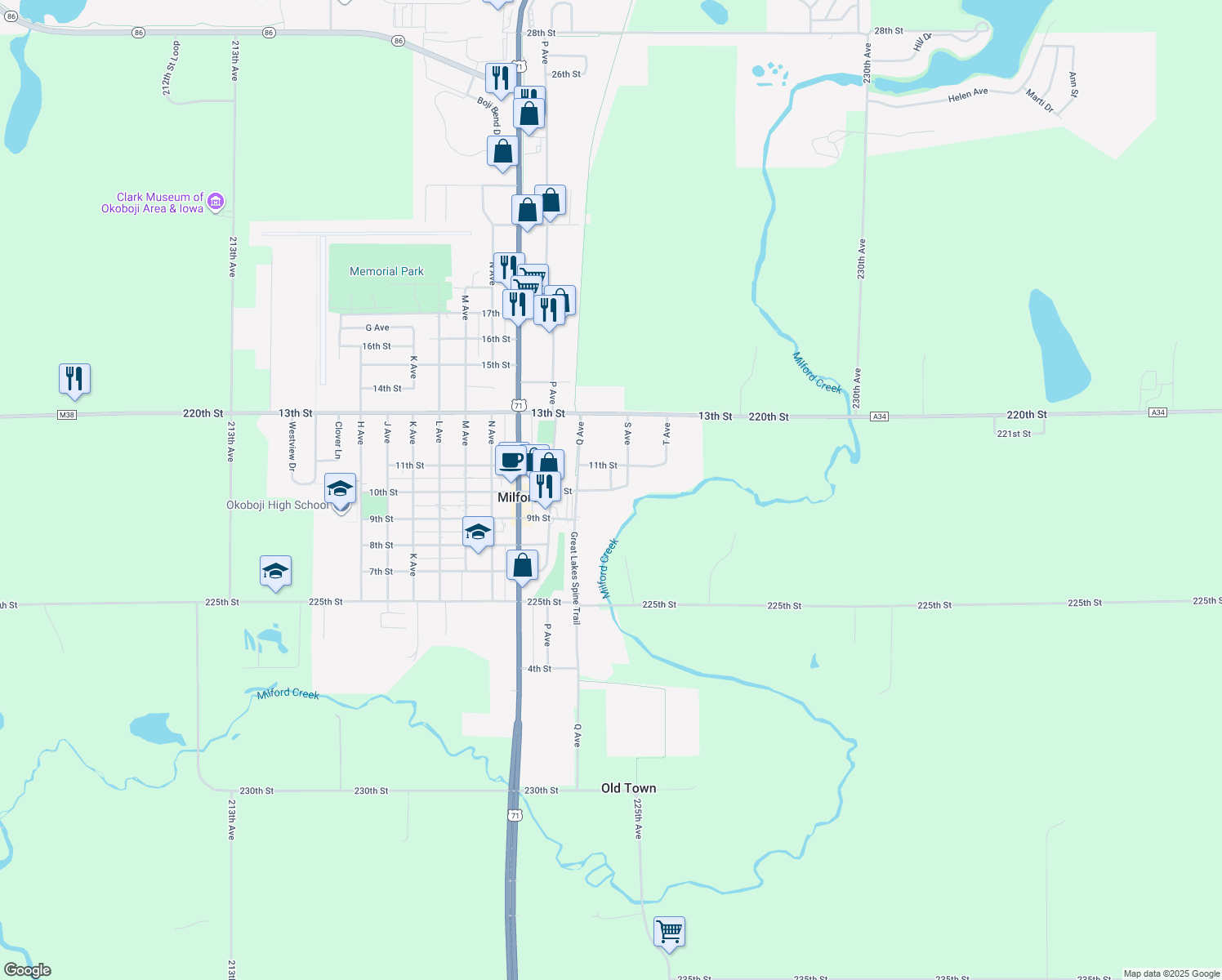 map of restaurants, bars, coffee shops, grocery stores, and more near 699 10th St in Milford