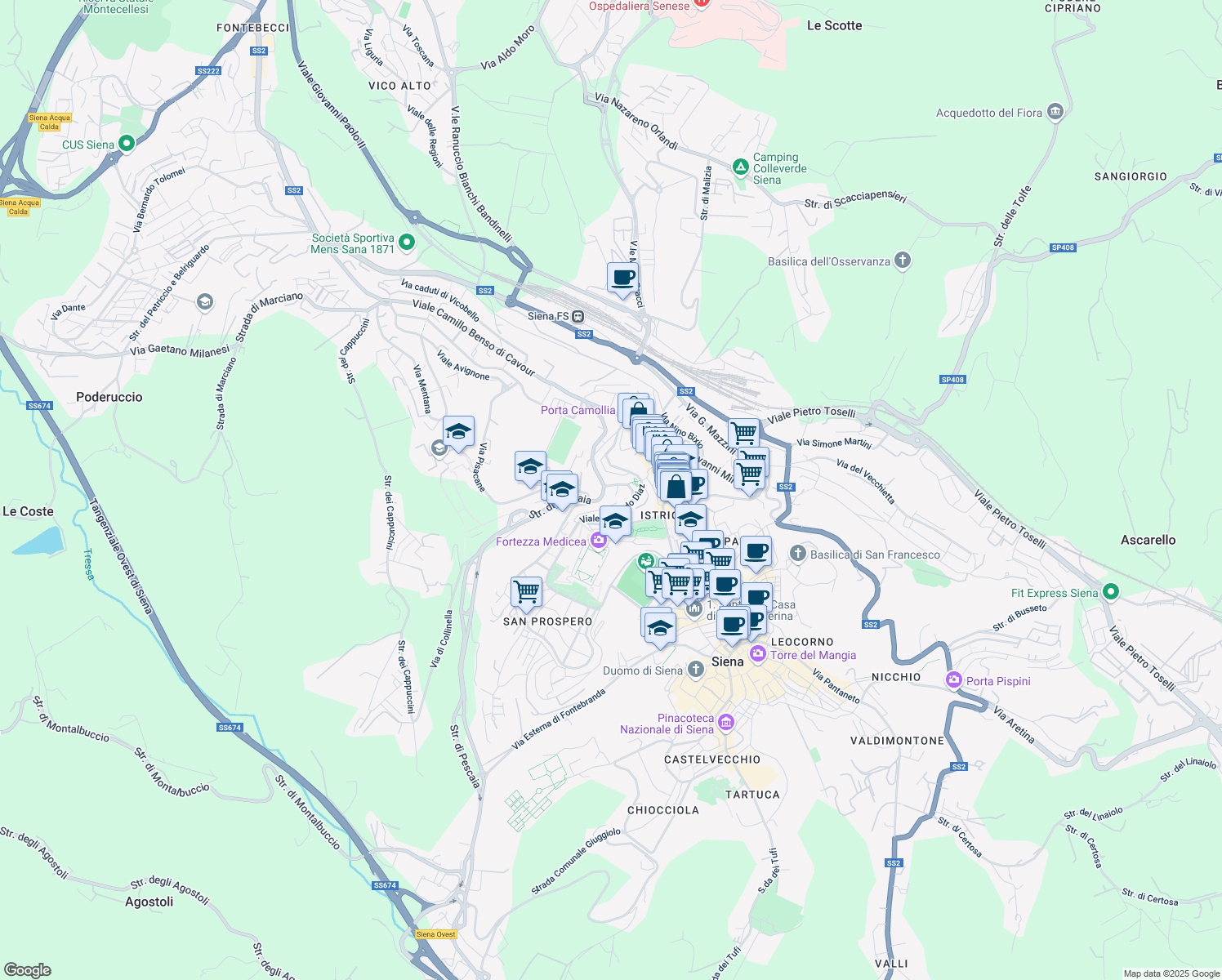 map of restaurants, bars, coffee shops, grocery stores, and more near 21 Viale Rinaldo Franci in Siena