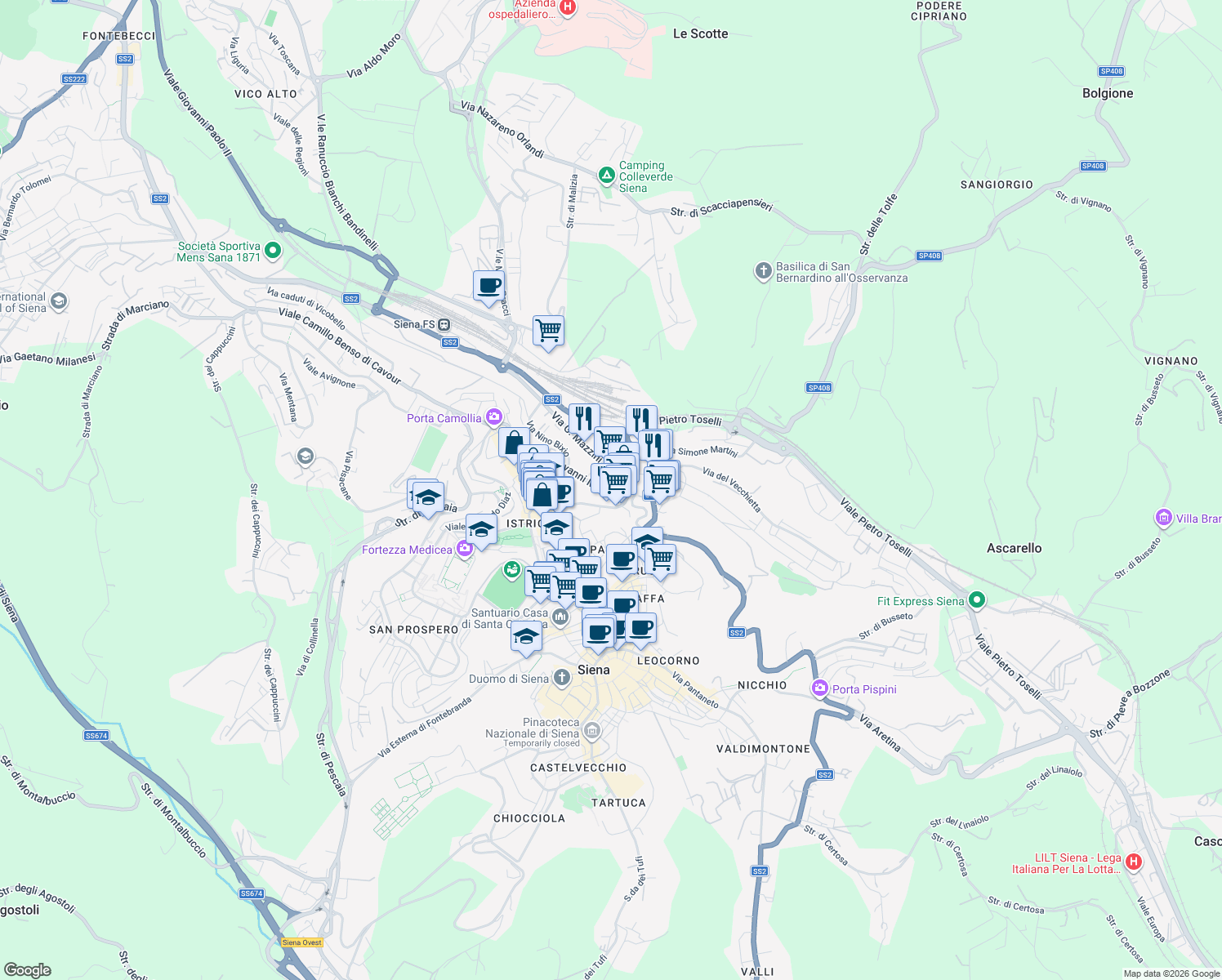 map of restaurants, bars, coffee shops, grocery stores, and more near 55 Viale Don Giovanni Minzoni in Siena