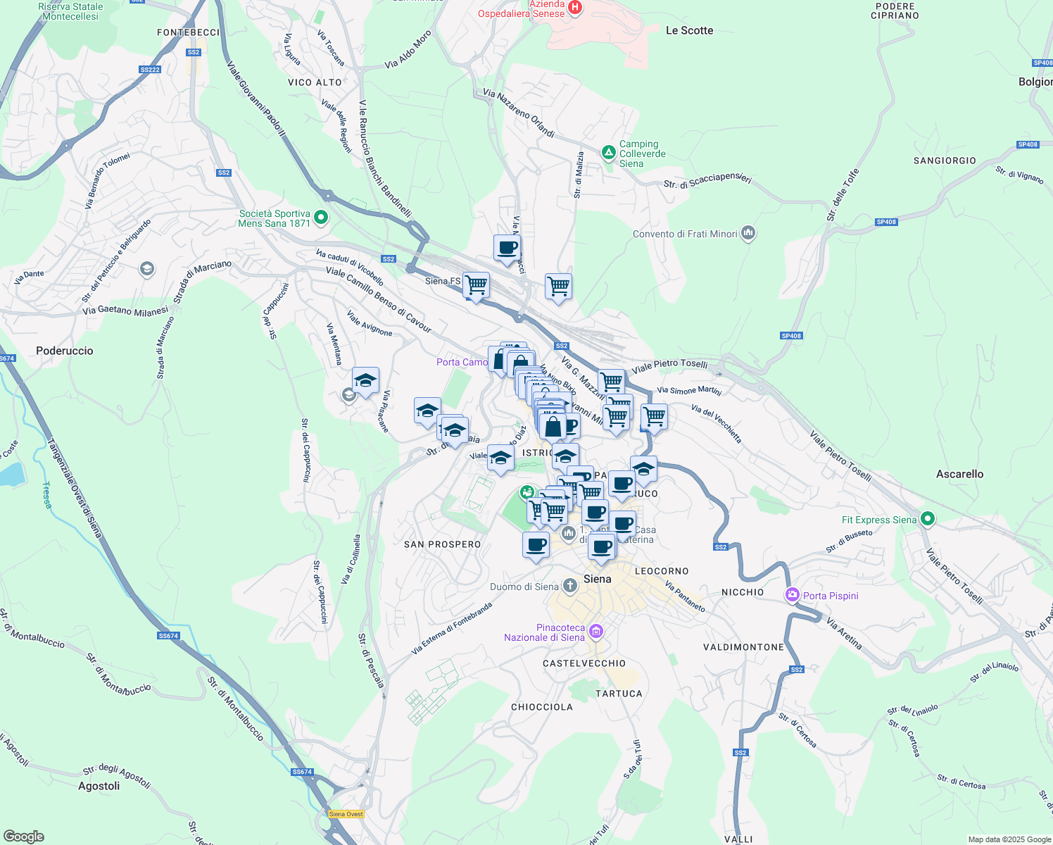 map of restaurants, bars, coffee shops, grocery stores, and more near 105 Via Camollia in Siena