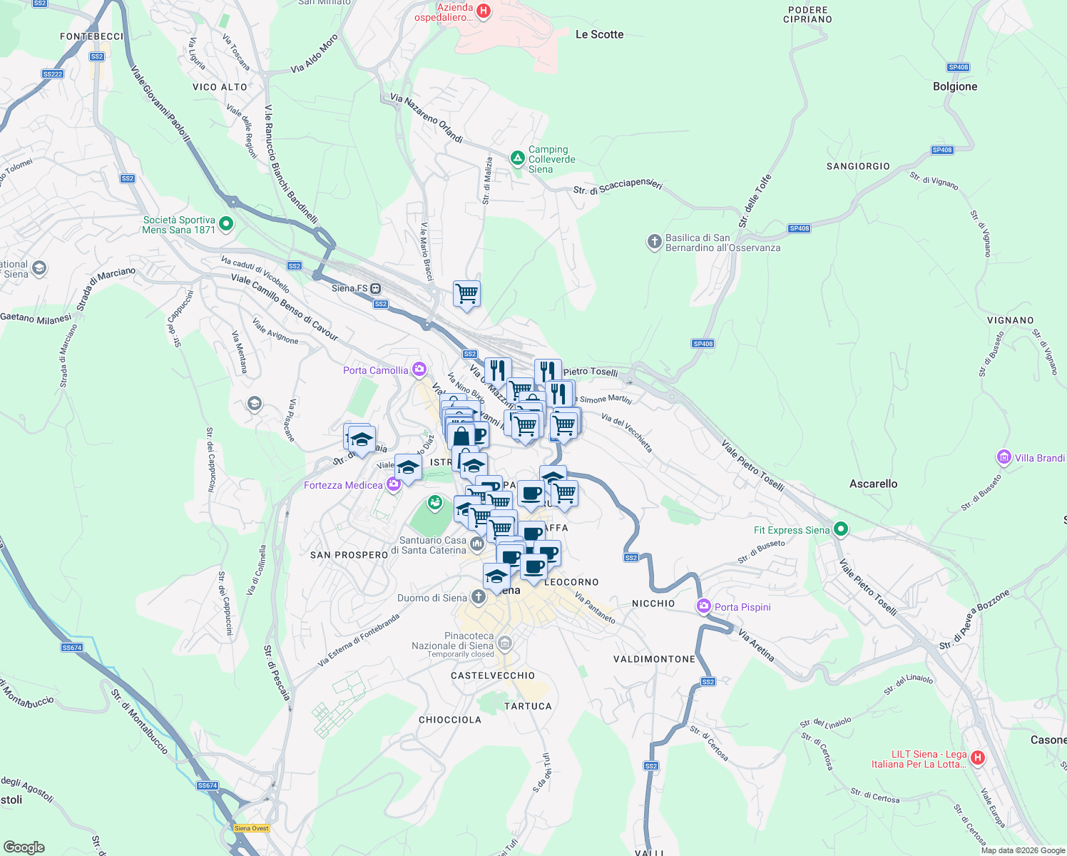 map of restaurants, bars, coffee shops, grocery stores, and more near 55 Viale Don Giovanni Minzoni in Siena