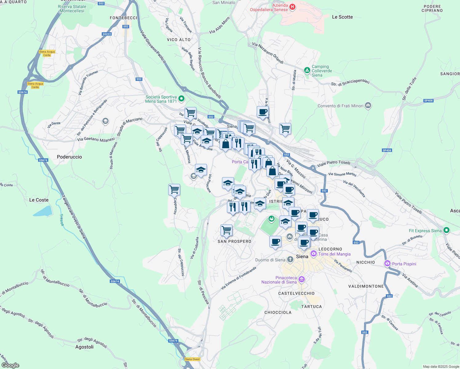 map of restaurants, bars, coffee shops, grocery stores, and more near 1 Via Martiri Caserma Lamarmora in Siena