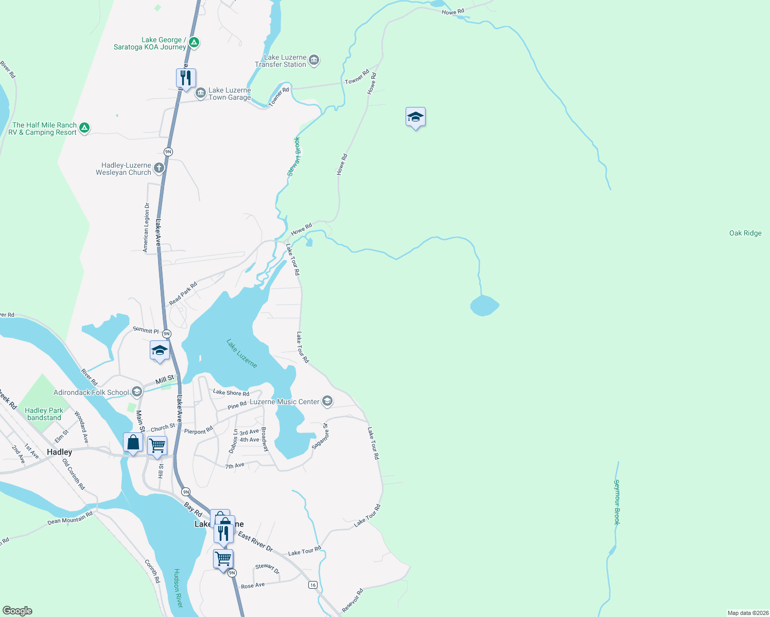 map of restaurants, bars, coffee shops, grocery stores, and more near Lake Tour Road in Lake Luzerne