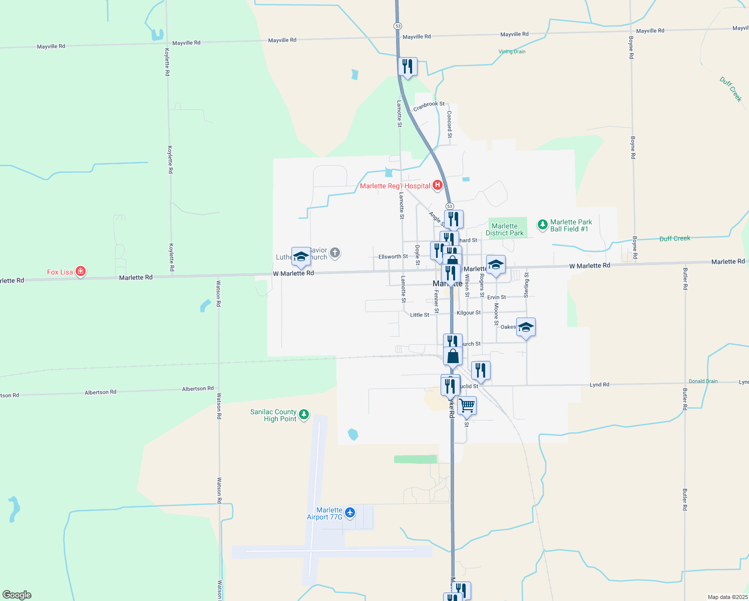 map of restaurants, bars, coffee shops, grocery stores, and more near 6678 Ervin Street in Marlette