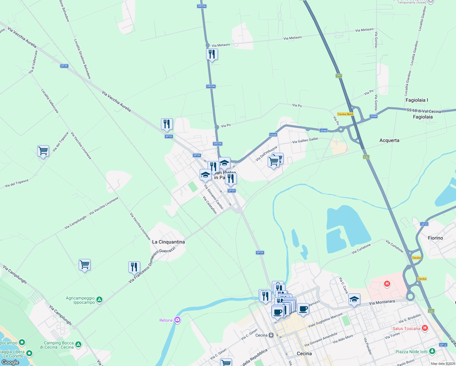 map of restaurants, bars, coffee shops, grocery stores, and more near 21 Via Luciano Manara in Cecina