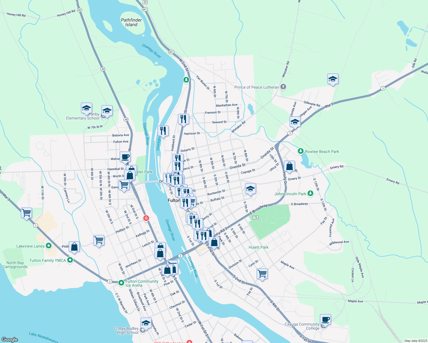 map of restaurants, bars, coffee shops, grocery stores, and more near 2 North 5th Street in Fulton