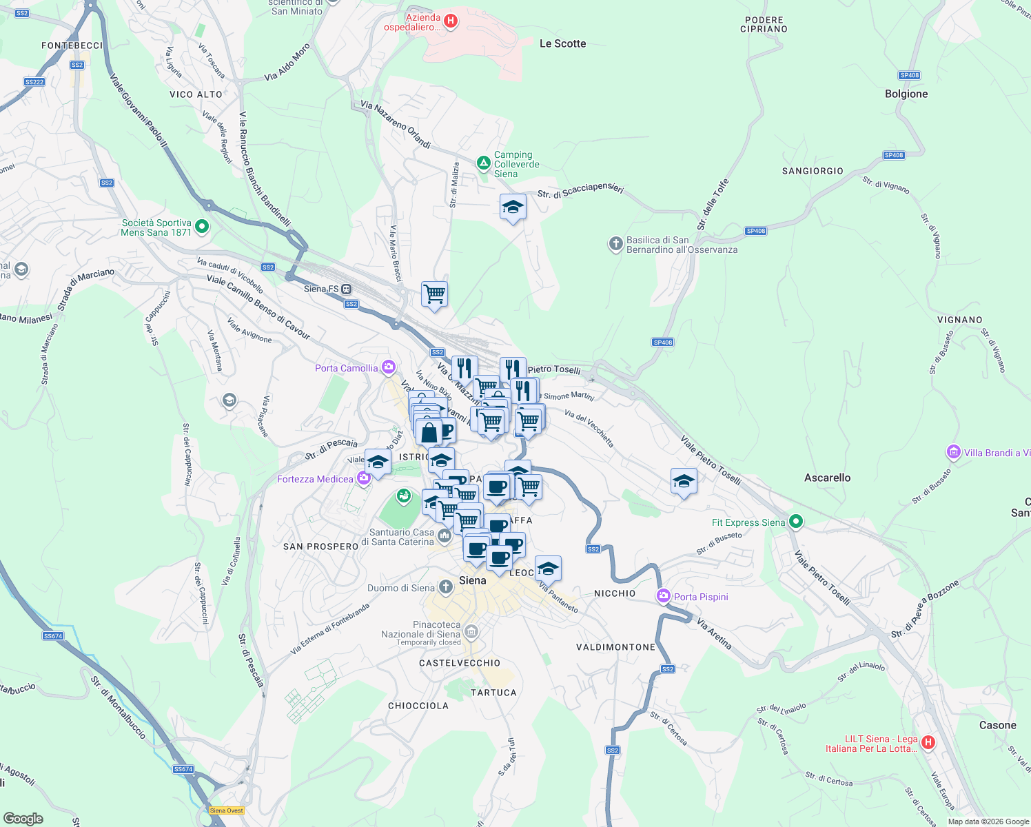 map of restaurants, bars, coffee shops, grocery stores, and more near 74 Via Simone Martini in Siena