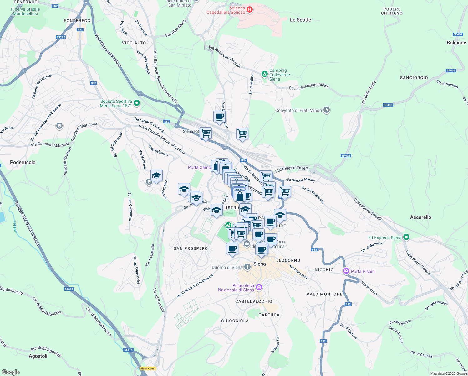map of restaurants, bars, coffee shops, grocery stores, and more near 105 Via Camollia in Siena