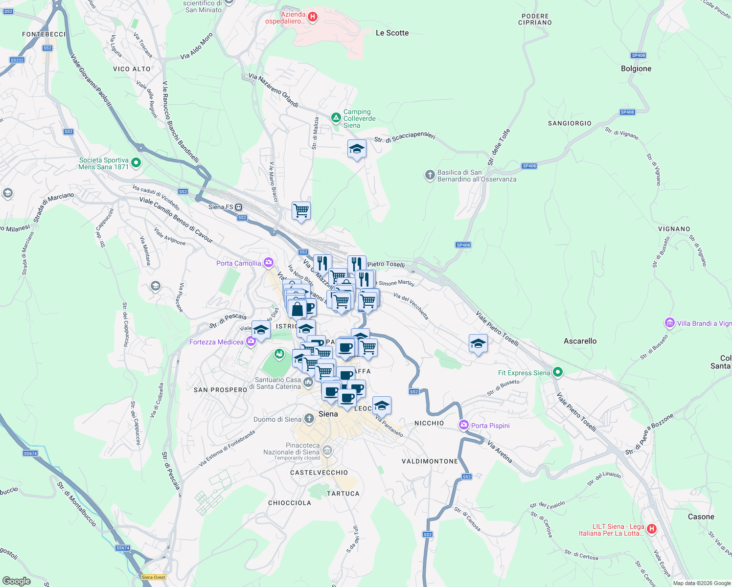 map of restaurants, bars, coffee shops, grocery stores, and more near 74 Via Simone Martini in Siena
