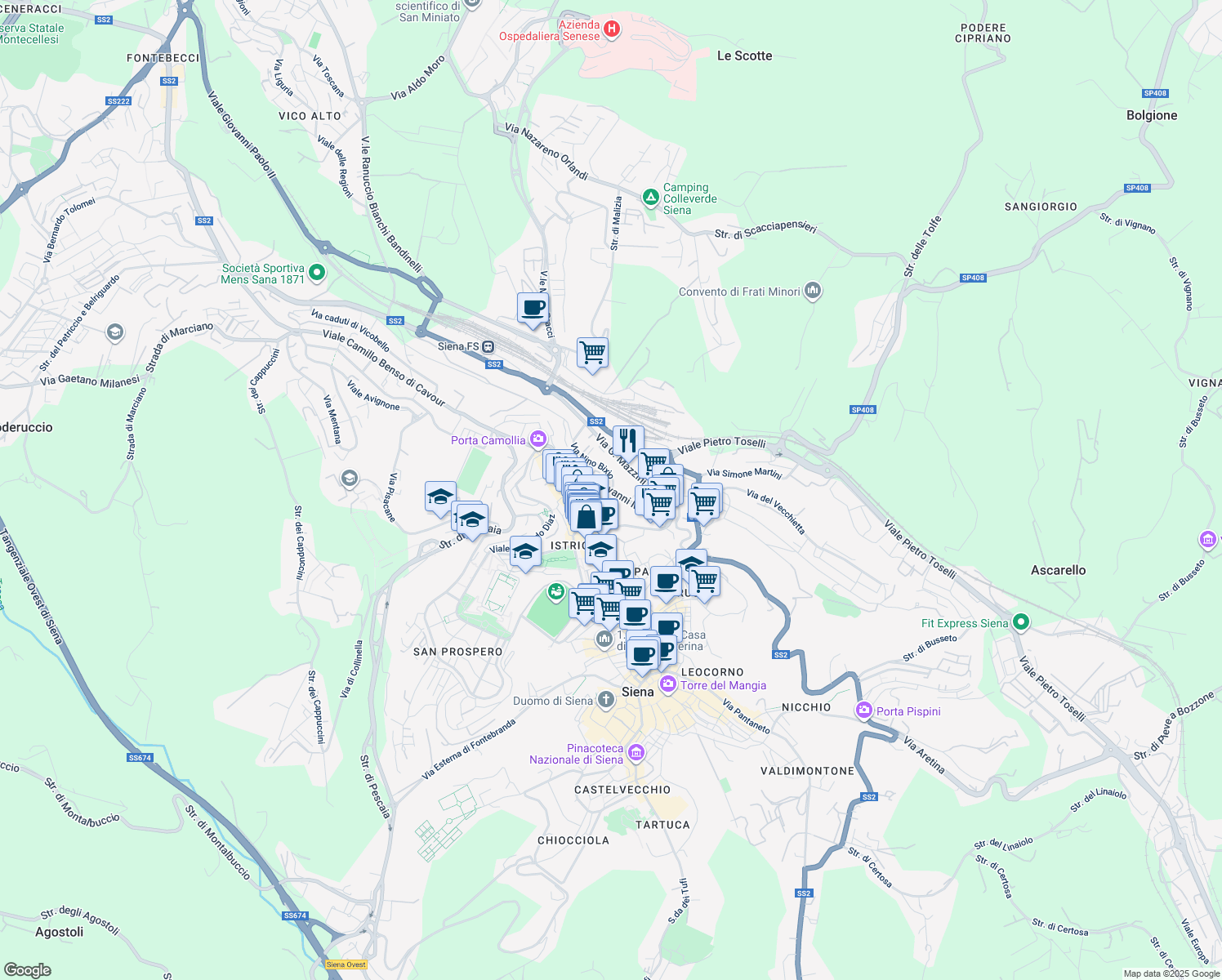 map of restaurants, bars, coffee shops, grocery stores, and more near Viale Don Giovanni Minzoni in Siena