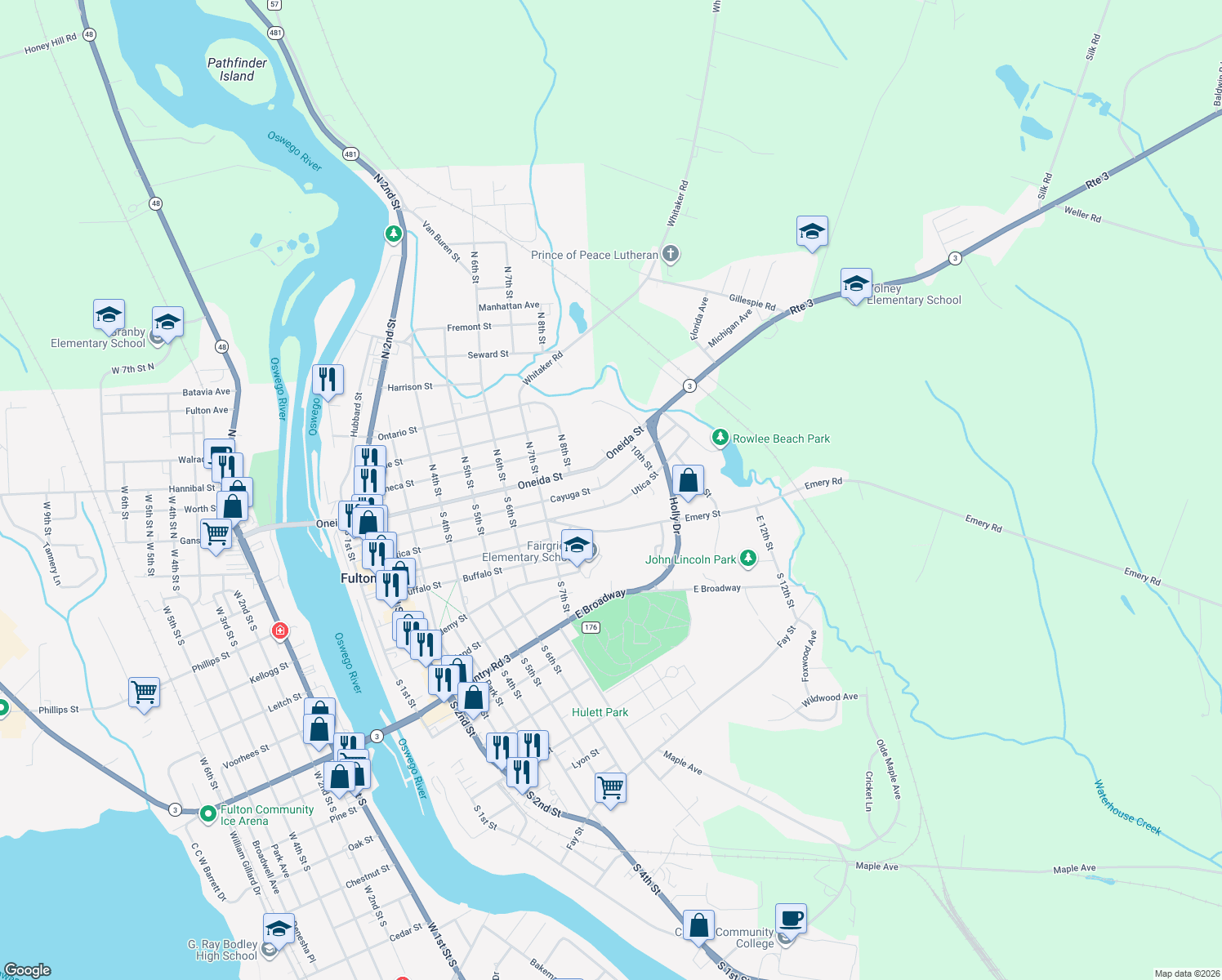 map of restaurants, bars, coffee shops, grocery stores, and more near 884 Cayuga Street in Fulton