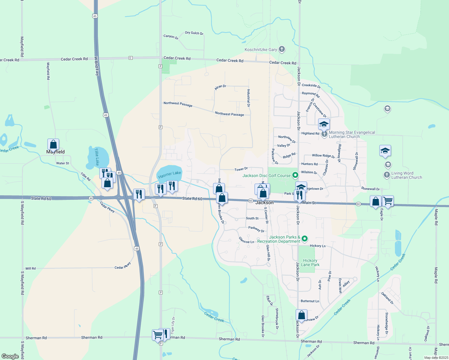 map of restaurants, bars, coffee shops, grocery stores, and more near W213N16910 Industrial Drive in Slinger