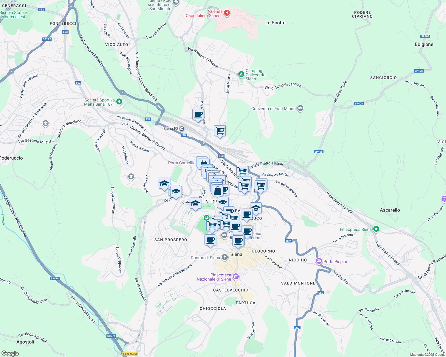 map of restaurants, bars, coffee shops, grocery stores, and more near 16-23 Via Pignatello in Siena