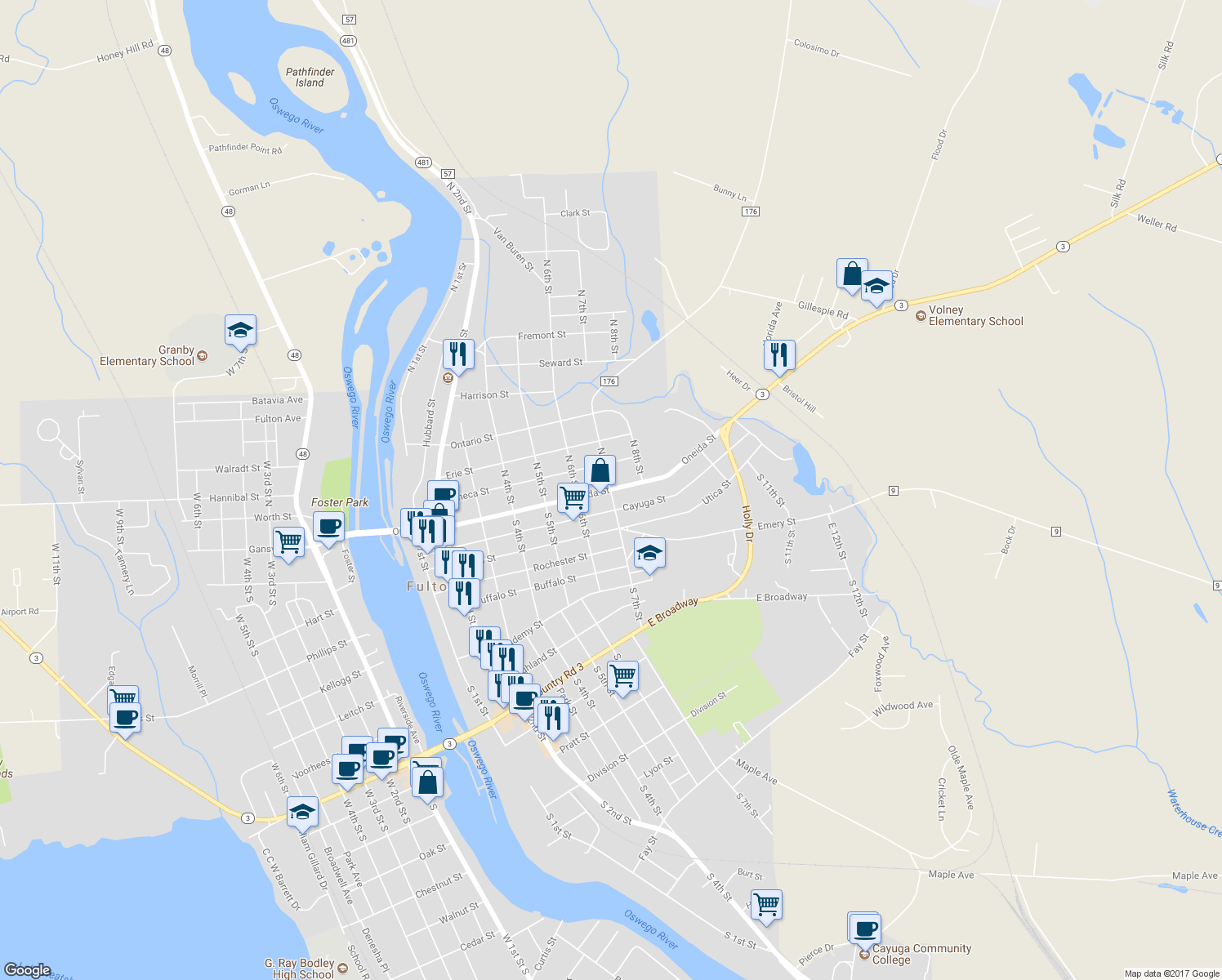 map of restaurants, bars, coffee shops, grocery stores, and more near 0 South 7th Street in Fulton