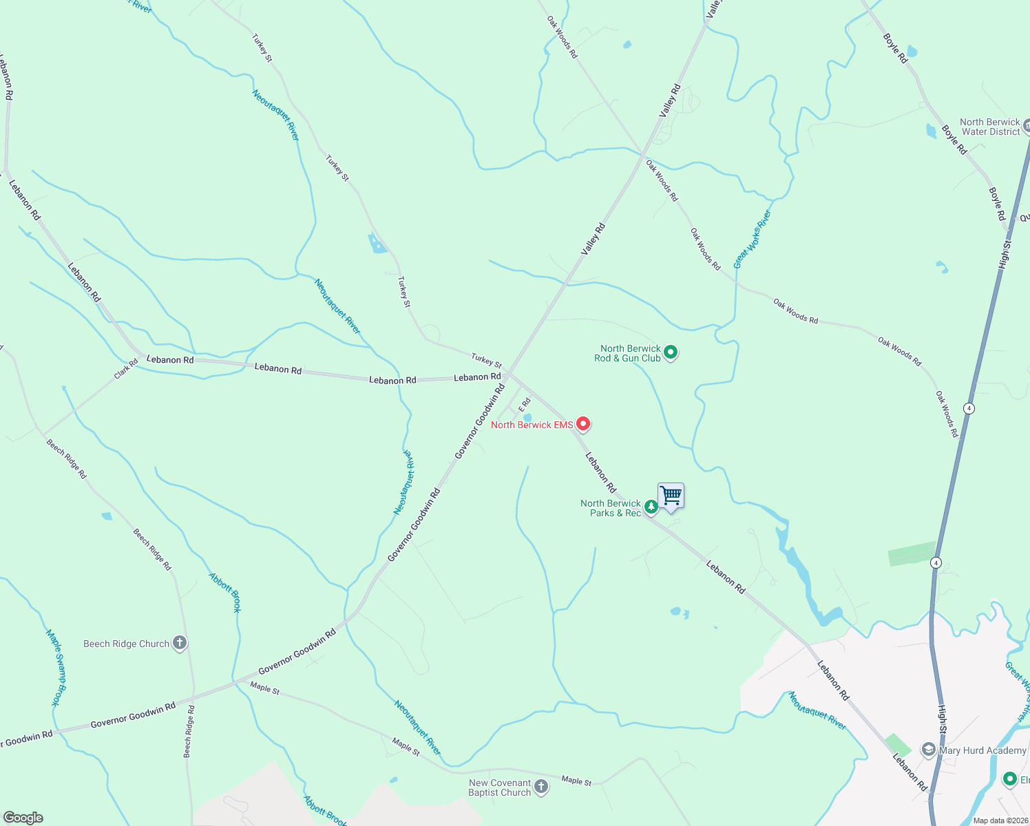 map of restaurants, bars, coffee shops, grocery stores, and more near 52 East Road in North Berwick