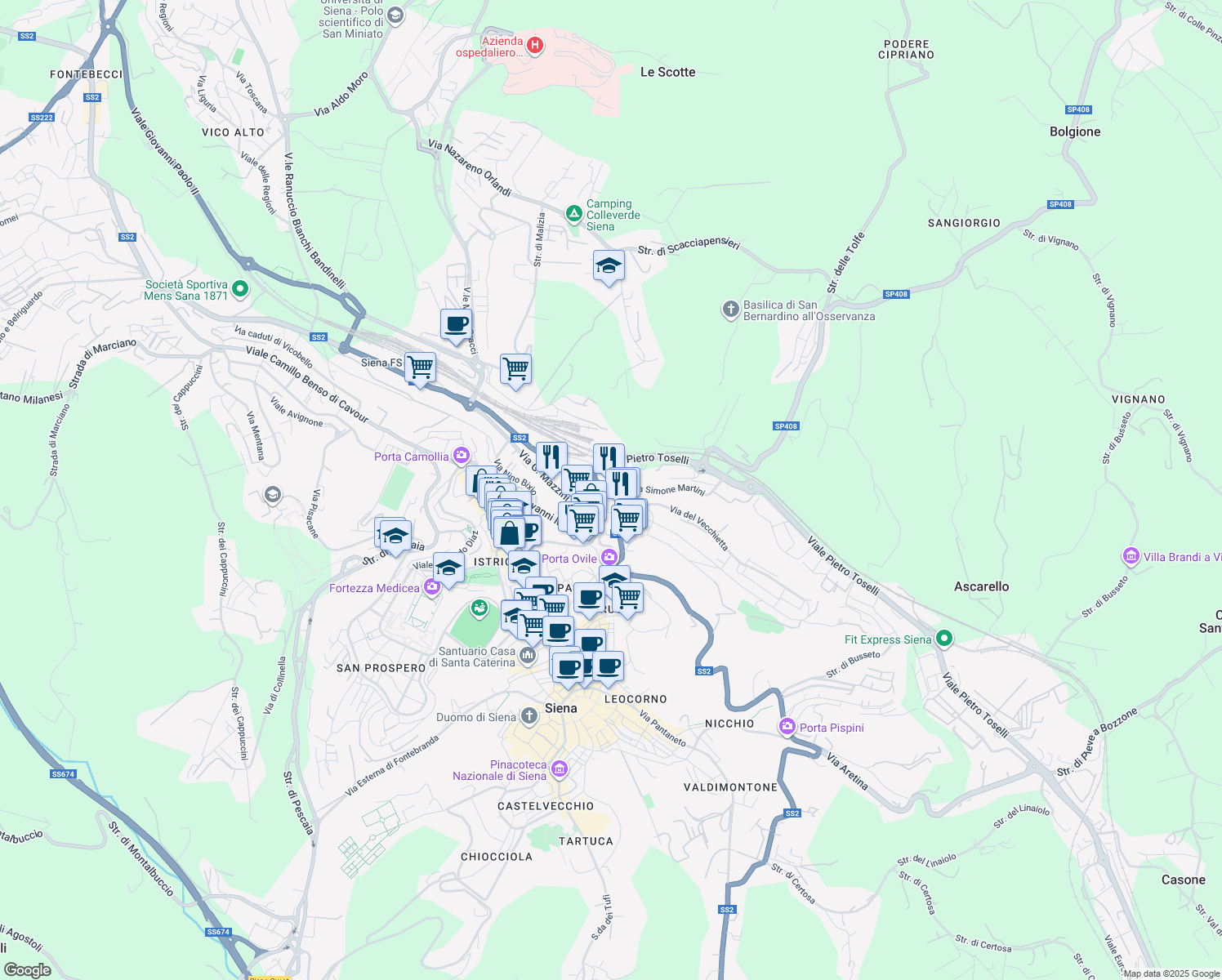 map of restaurants, bars, coffee shops, grocery stores, and more near 3 Viale Sardegna in Siena