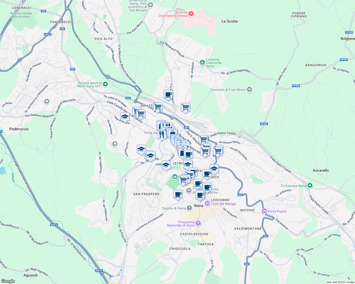 map of restaurants, bars, coffee shops, grocery stores, and more near Viale Don Giovanni Minzoni in Siena