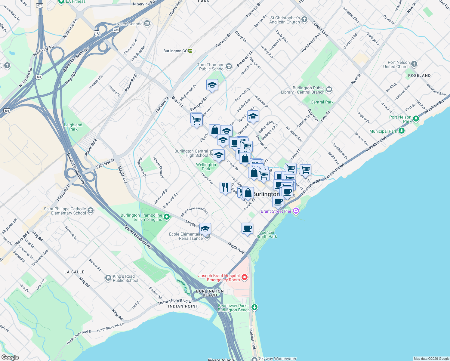 map of restaurants, bars, coffee shops, grocery stores, and more near 1390 Halifax Pl in Burlington