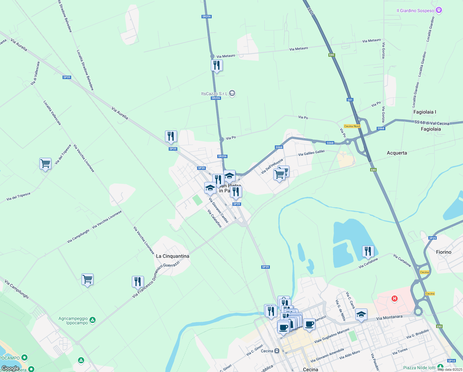 map of restaurants, bars, coffee shops, grocery stores, and more near 2 Per la Val di Cecina in Cecina