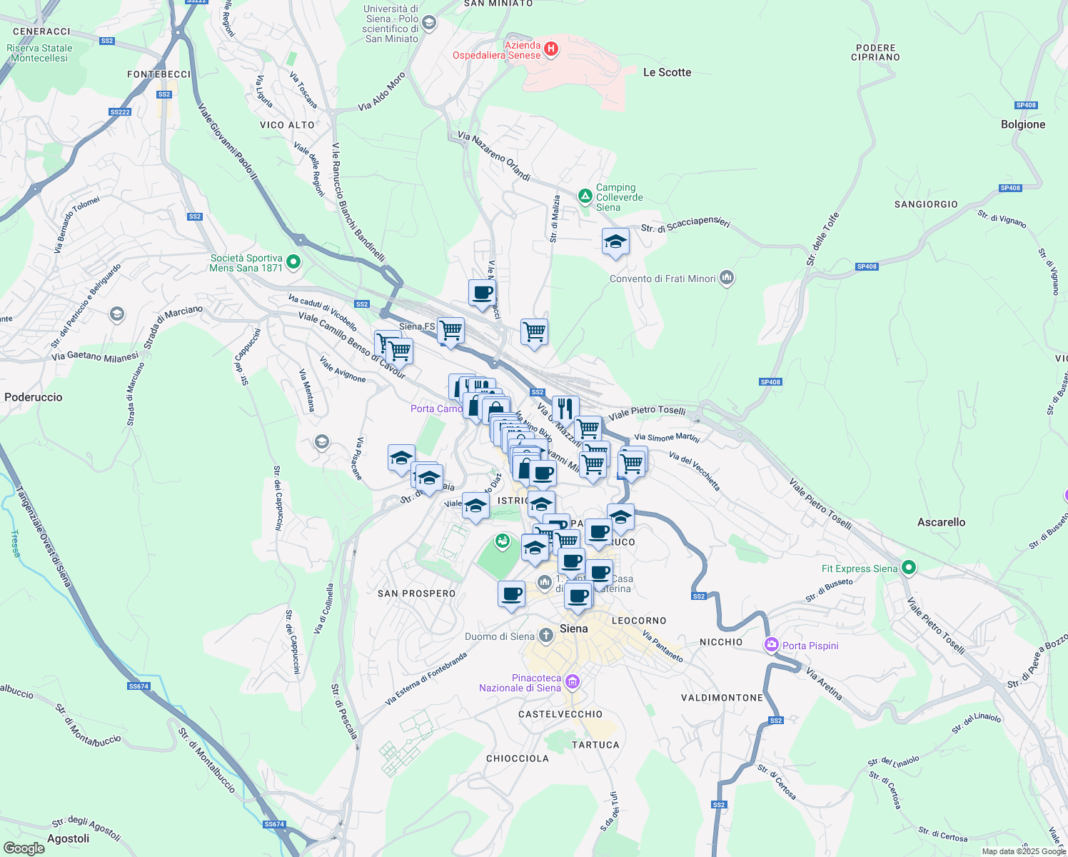 map of restaurants, bars, coffee shops, grocery stores, and more near Via Nino Bixio in Siena