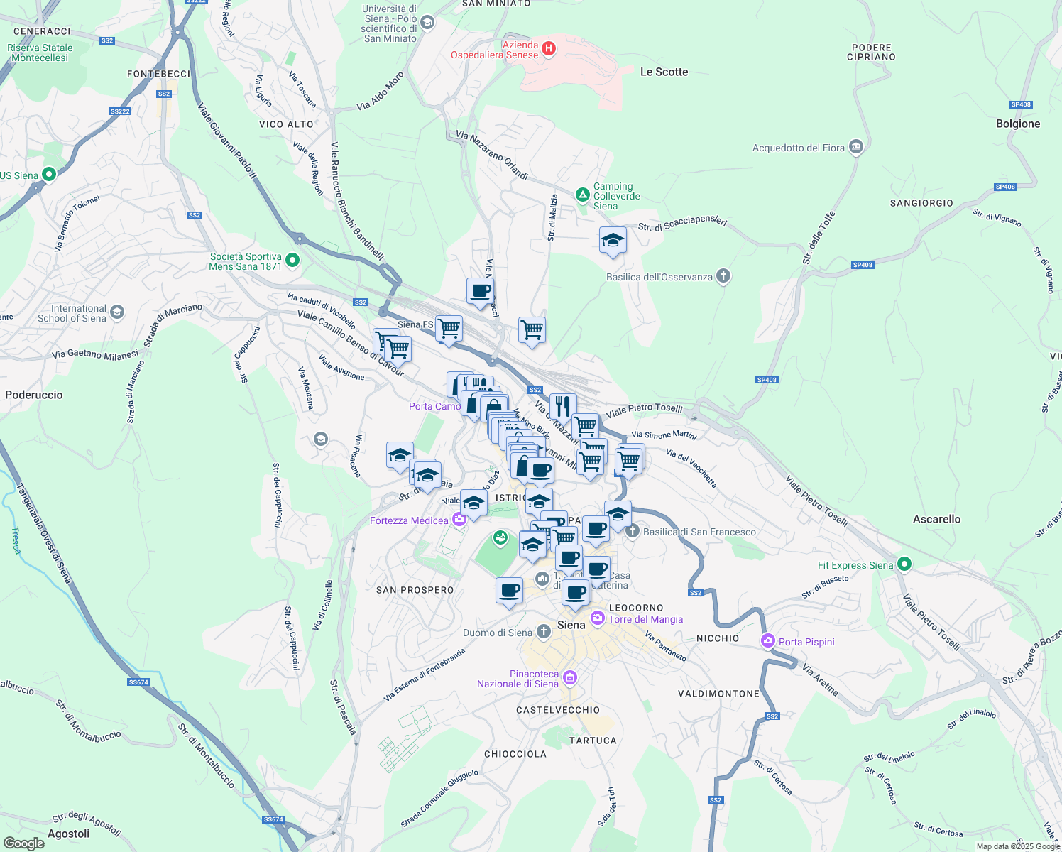 map of restaurants, bars, coffee shops, grocery stores, and more near Via Nino Bixio in Siena