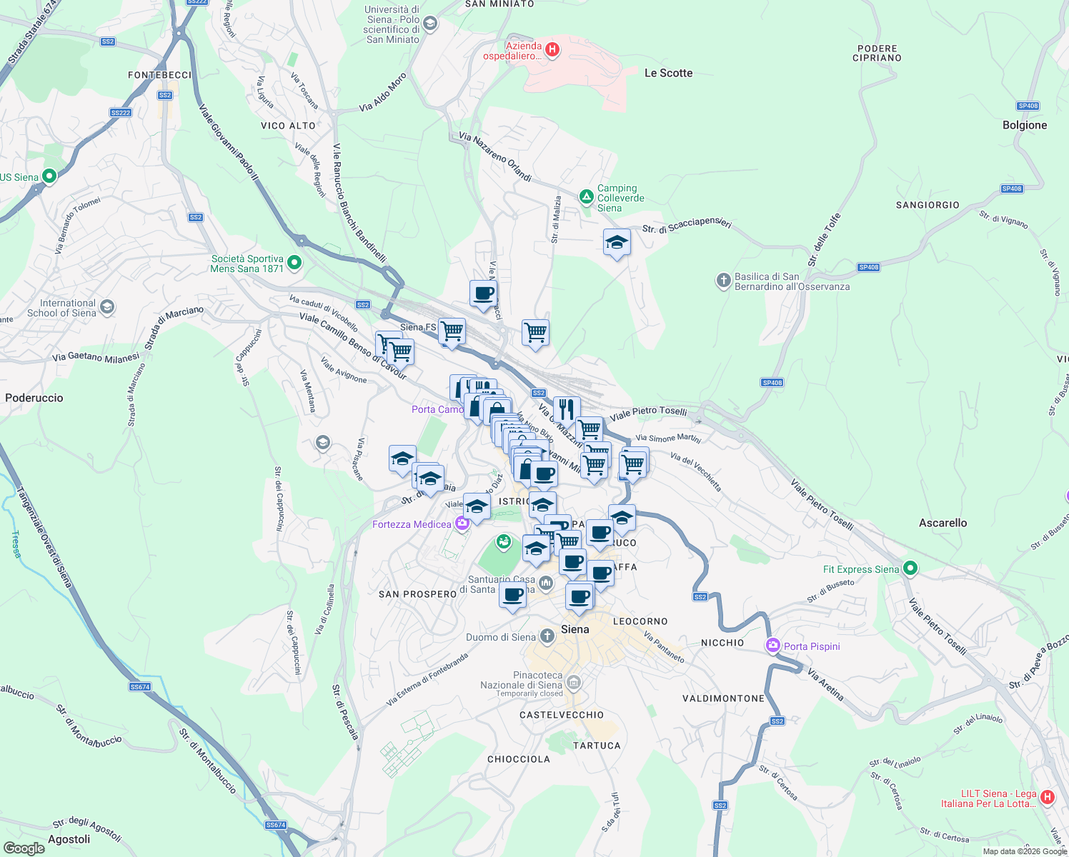 map of restaurants, bars, coffee shops, grocery stores, and more near Via Nino Bixio in Siena