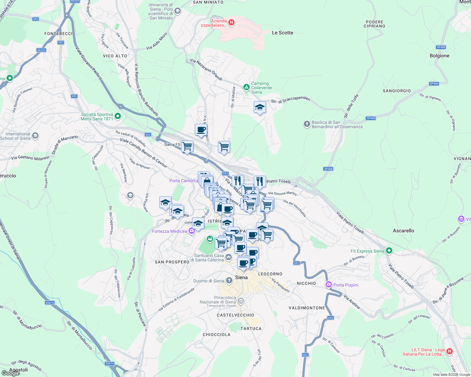 map of restaurants, bars, coffee shops, grocery stores, and more near 35 Viale Sardegna in Siena