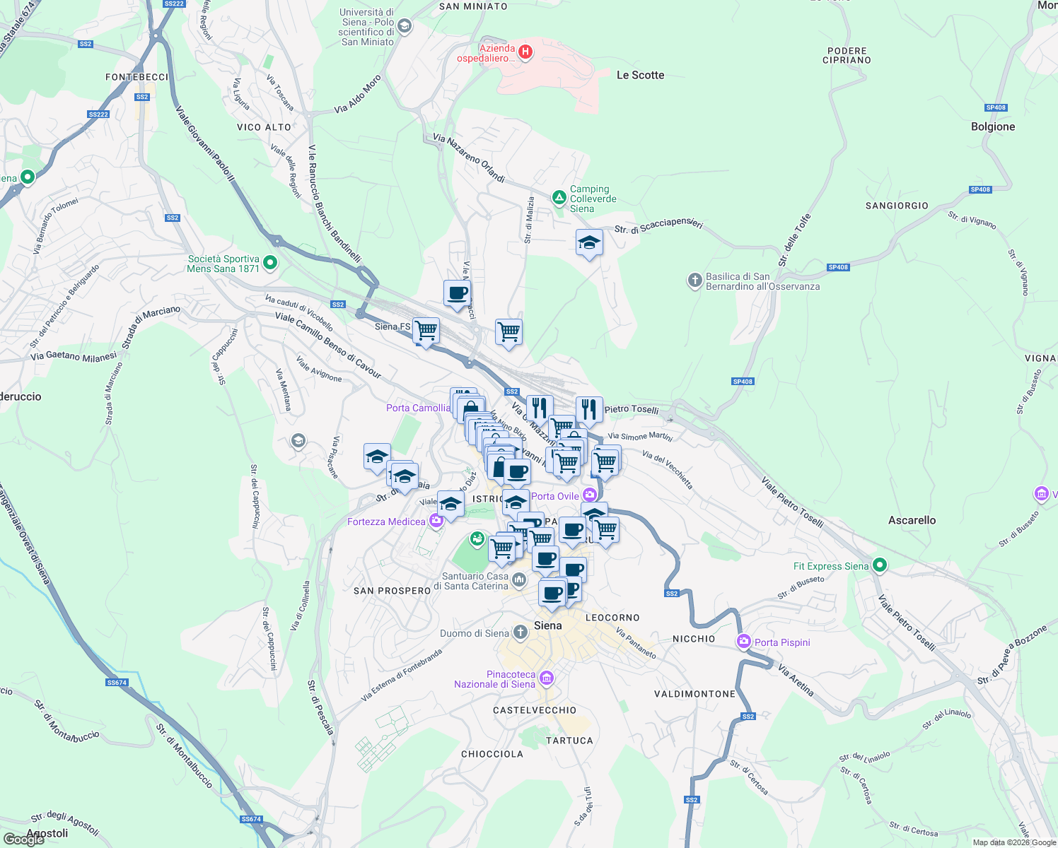 map of restaurants, bars, coffee shops, grocery stores, and more near 35 Viale Sardegna in Siena