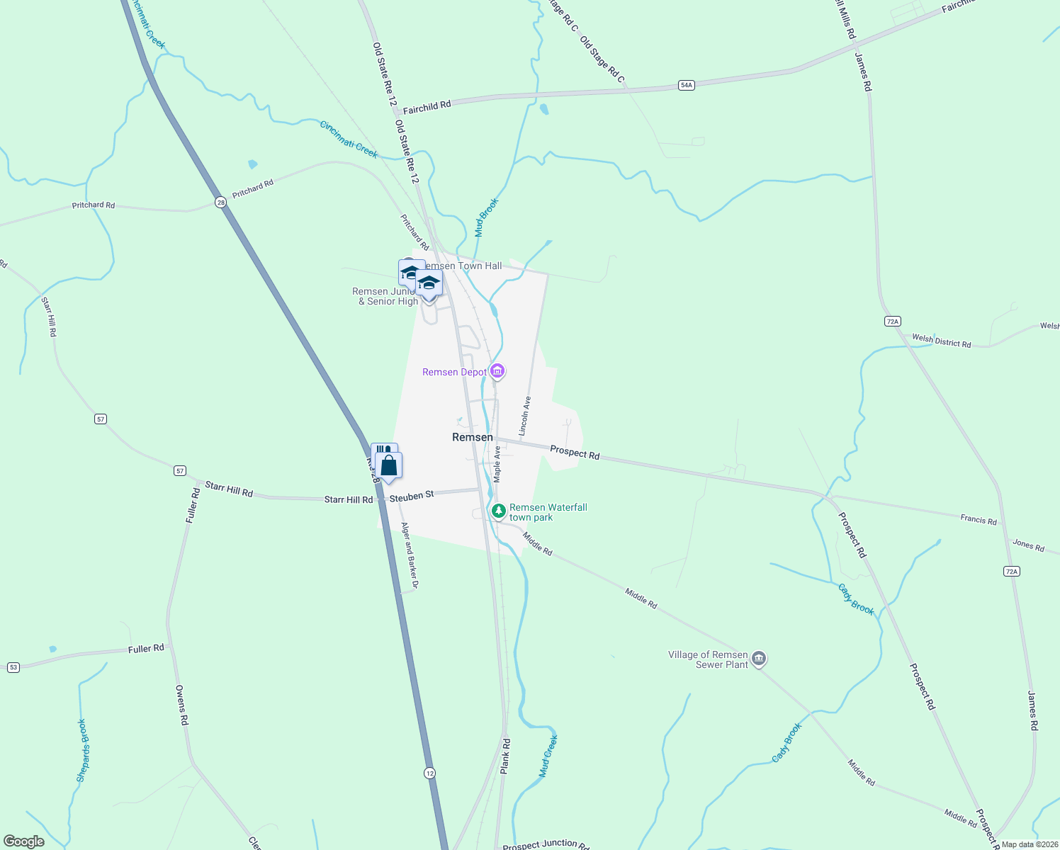 map of restaurants, bars, coffee shops, grocery stores, and more near 9620 Lincoln Ave in Remsen