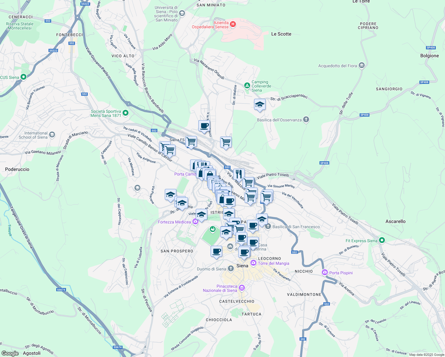map of restaurants, bars, coffee shops, grocery stores, and more near Via Nino Bixio in Siena